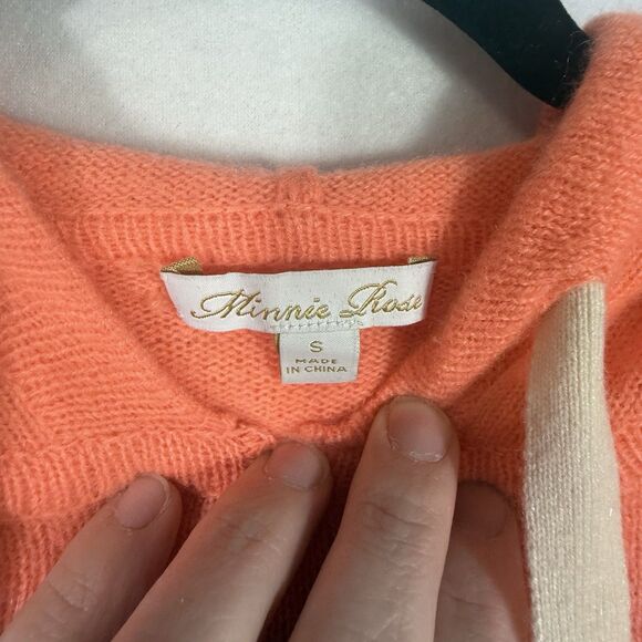 Minnie Rose Coral Orange Hooded Cropped Chewed Hem Cashmere Sweater Size S Cozy - Picture 3 of 12